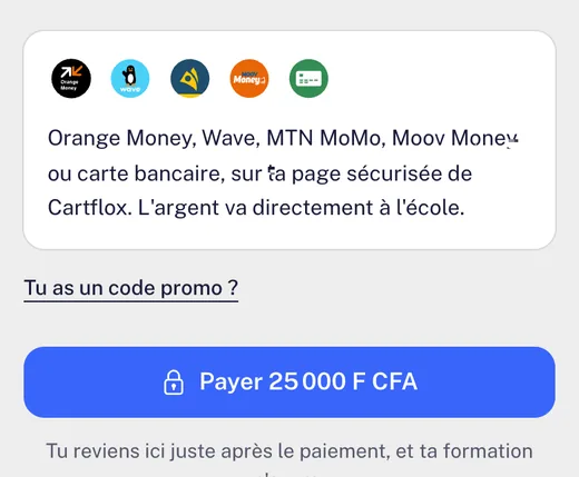 Paiement d'une formation sur téléphone : Orange Money, Wave, MTN MoMo, Moov Money ou carte