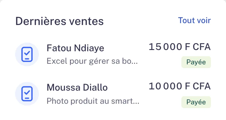 Dernières ventes payées dans le tableau de bord