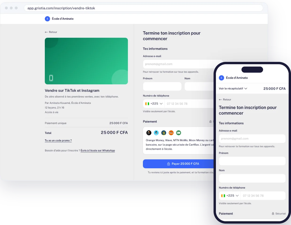 La page de paiement d'une formation, sur ordinateur et sur téléphone