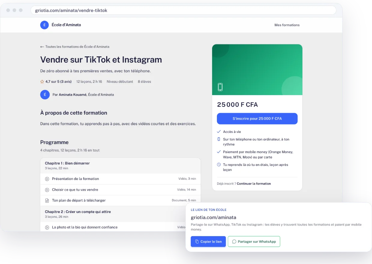 La page de vente d'une formation, et la carte pour partager le lien de l'école