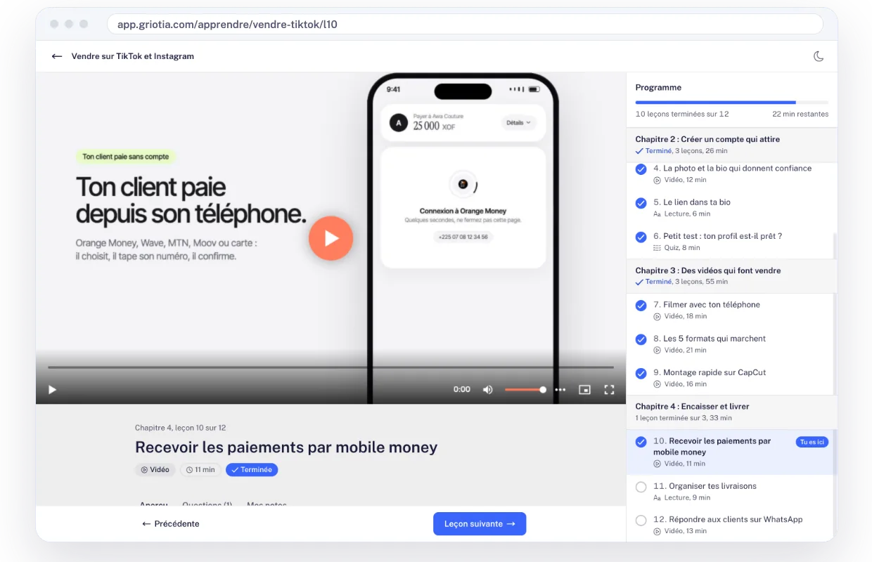 Une leçon vidéo dans l'espace de l'élève, avec le programme de la formation